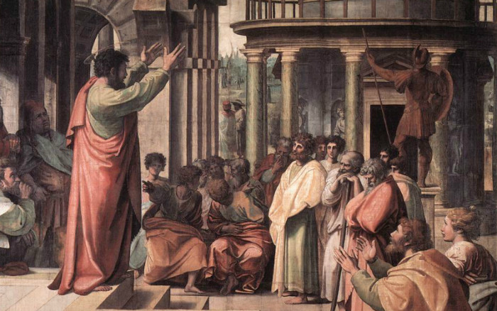 The apostle Peter preaching to a crowd on the Day of Pentecost