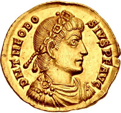 A gold coin with a depiction of Theodosius I